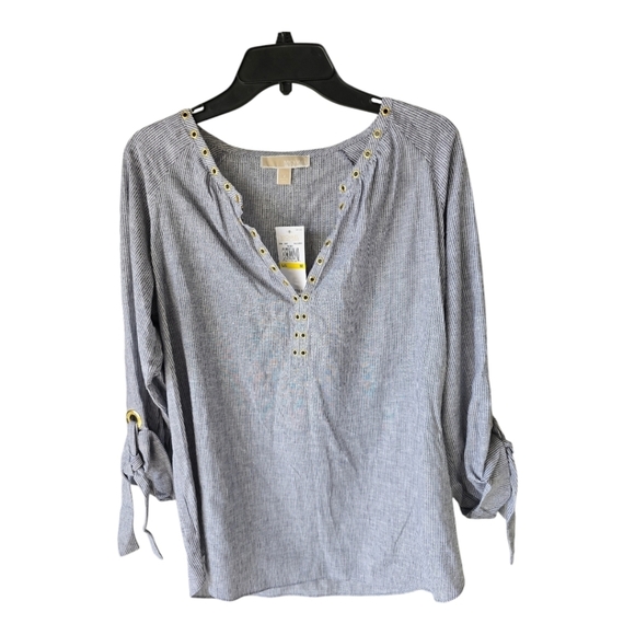 $110 Michael Kors Linen Blend Blouse M White Blue Women Striped 3/4 Sleeves - Picture 1 of 13